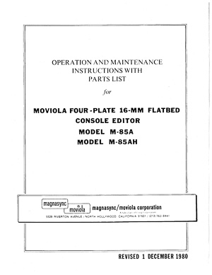 Moviola Four-Plate 16mm Flatbed Console Editor M-85A, M-85AH Technical Manual