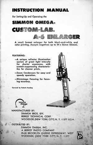 Omega Custom-Lab A-6 Photo Enlarger Owners Manual