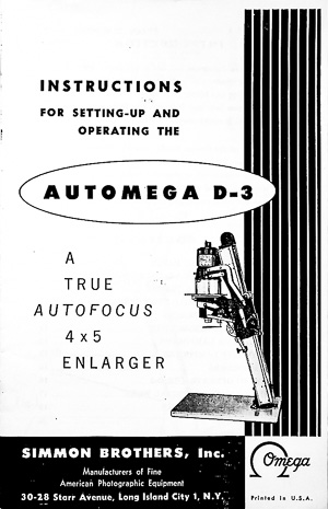 Omega Automega D-3 Auto Focus Photo Enlarger Owners Manual