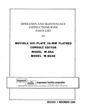 Moviola Six-Plate 16mm Flatbed Console Editor M-86A, M-86AH Technical Manual