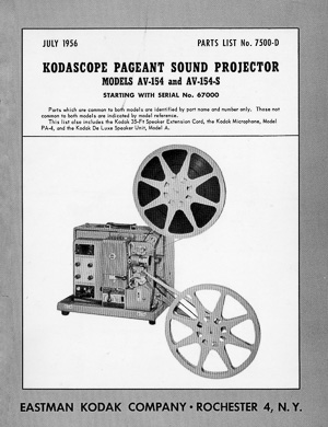 Kodak Pageant Sound Model AV-154. AV-154-S 16mm Movie Projector Parts Manual
