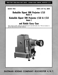 Kodaslide Signet 300 Model A, Model 1 Slide Projector Parts Manual