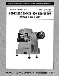 Kodaslide Signet Model 2 and 2-220V Slide Projector Parts Manual
