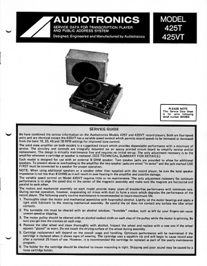 Audiotronics Record Player 425T, 425VT Service Guide